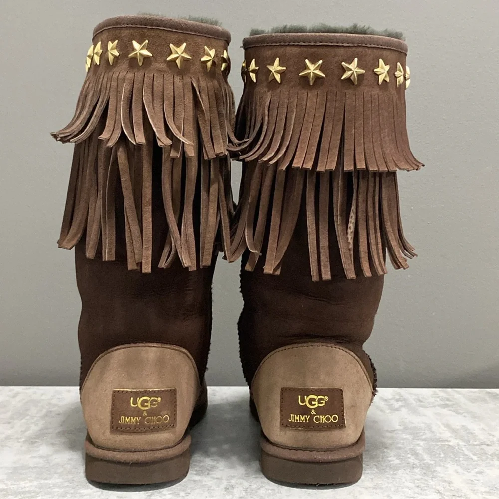 UGG x Jimmy Choo Sora Dark Brown Fringe Suede Boots Gold Stars Size 6 RARE